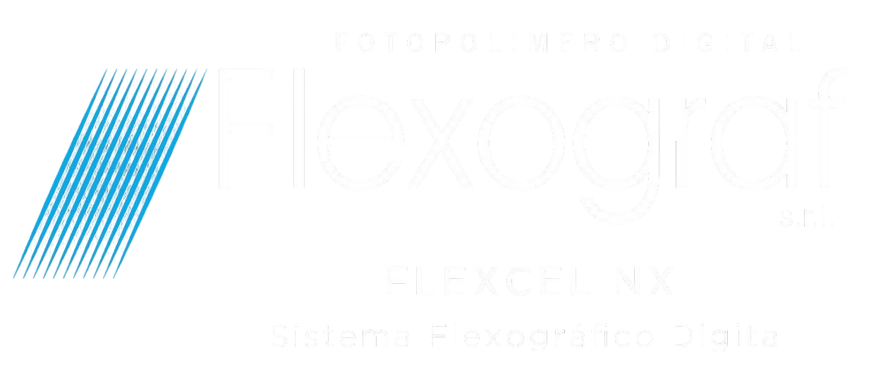 Logotipo de Flexograf sobre fondo negro con rayas diagonales azules y texto “Flexcel NX Sistema Flexográfico Digital”