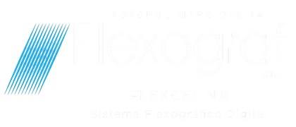 Logotipo de Flexograf sobre fondo negro con rayas diagonales azules y texto “Flexcel NX Sistema Flexográfico Digital”