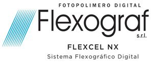 Logotipo de Flexograf con franjas diagonales azules y el texto “FLEXCEL NX Sistema Flexográfico Digital”