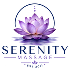 Serenity Massage logo with a purple lotus and blue text on white background