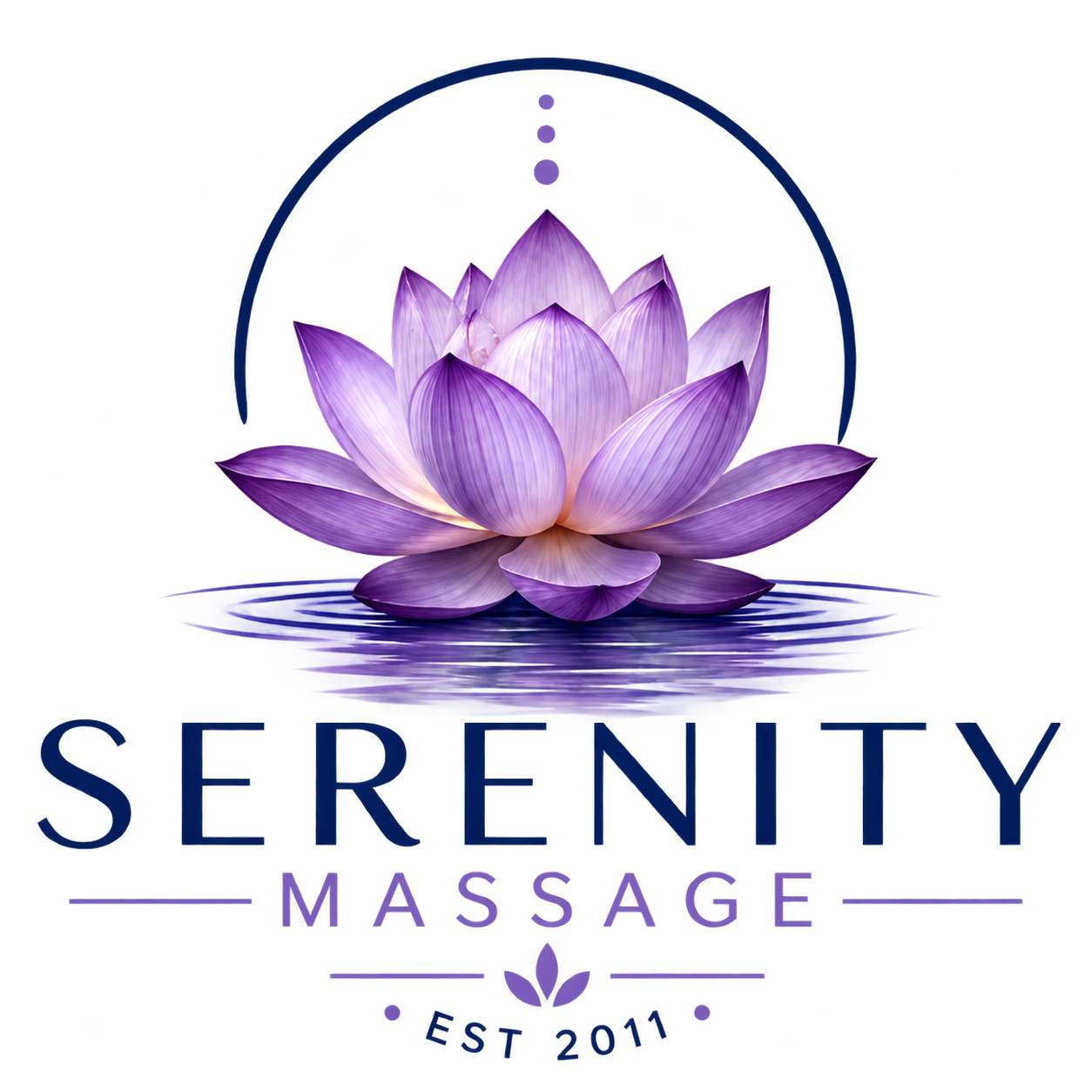 Serenity Massage logo with a purple lotus and blue text on white background