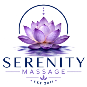 Serenity Massage logo with a purple lotus and blue text on white background