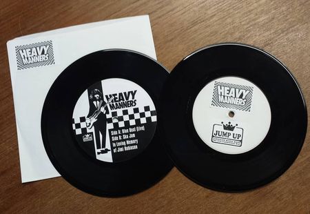 Two heavy number records are on a wooden table