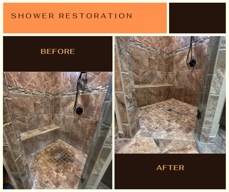 The is a before and after photo of a shower that was cleaned, cracking grout repaired, grout sealed and moldy caulking replaced. 