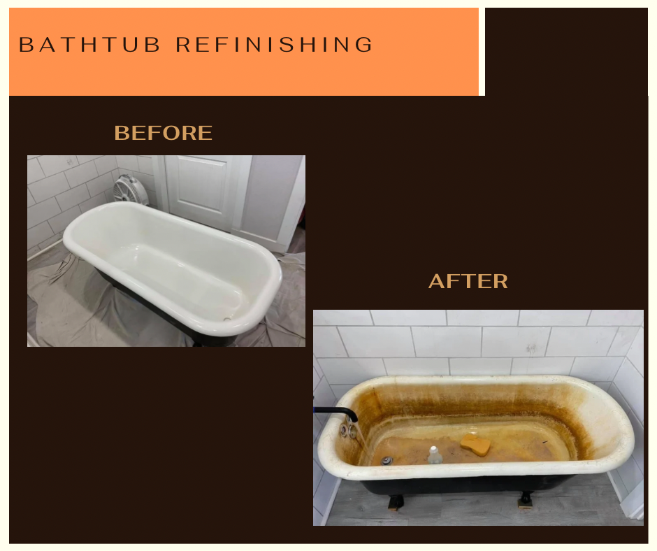 This a photo showing a before an after photo of a bathtub that was prepped for refinishing and refinished. The rust was removed from the bathtub and repairs were done to the bathtub before refinishing.