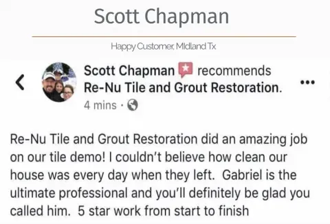 This picture is a testimonial of a happy customer. Re-Nu Tile and Grout Restoration removed tile and thinset in her home without leaving a dusty mess behind.