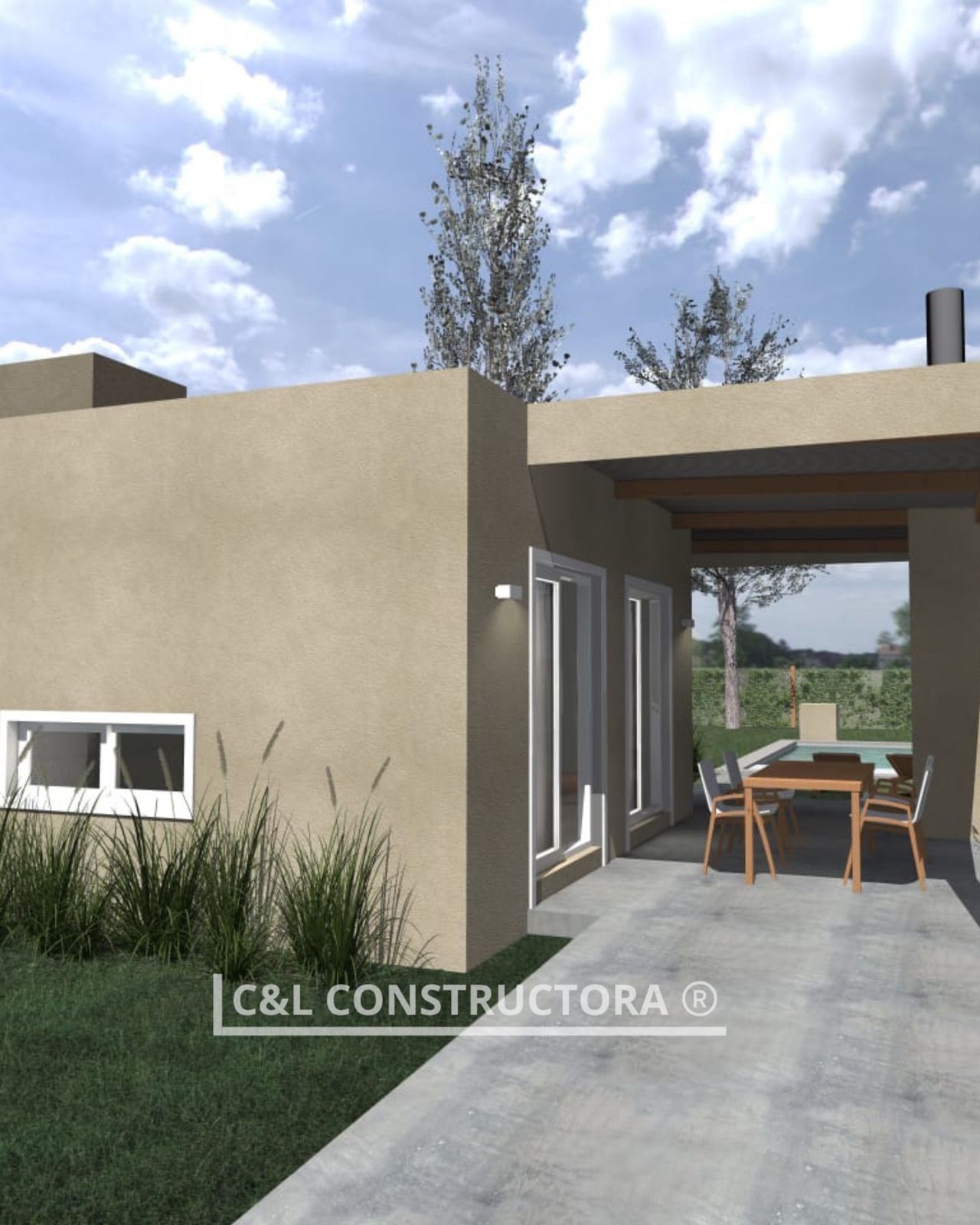 Casa moderna de color beige con patio cubierto, mesa, sillas y jardín.