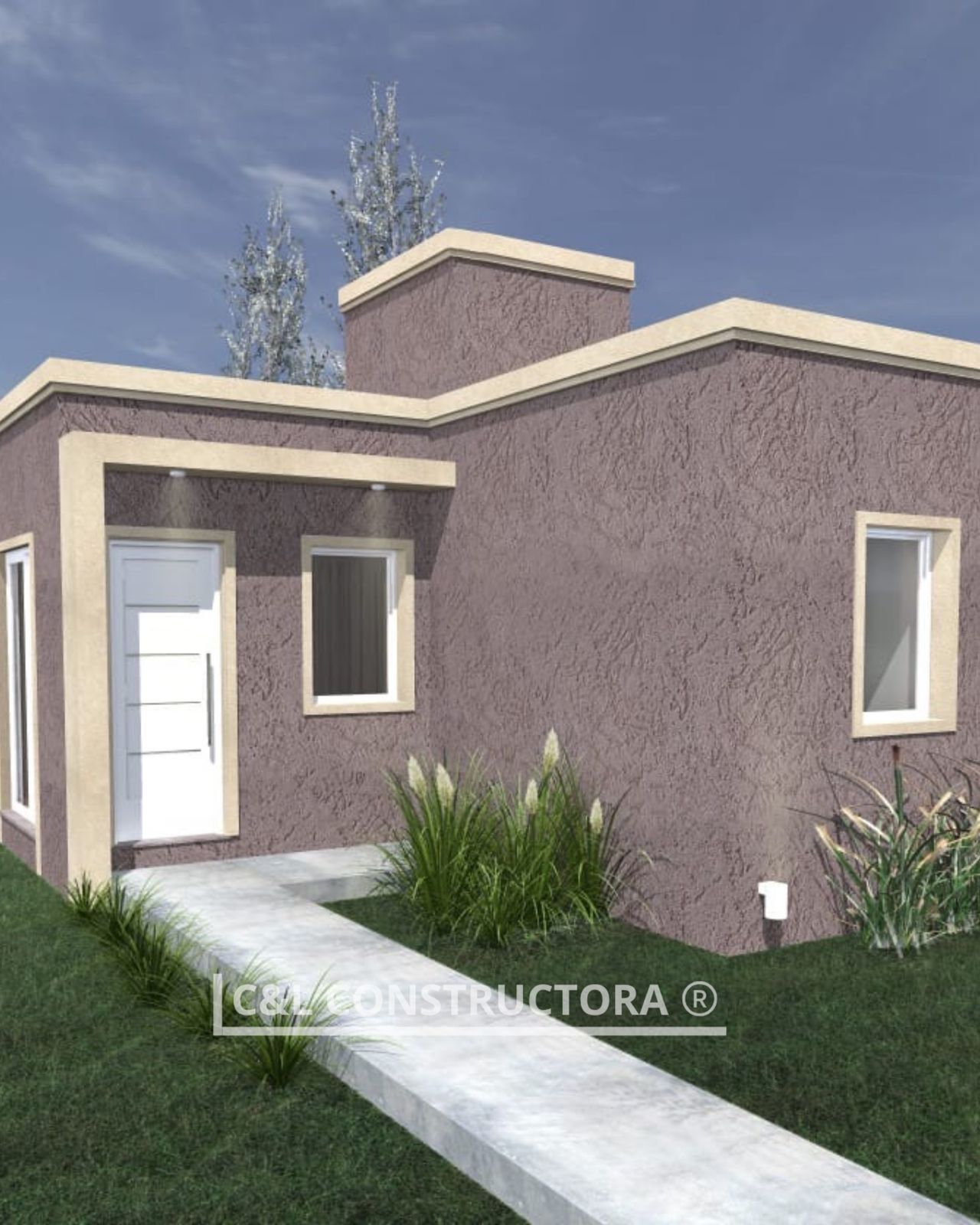 Representación de una casa pequeña y moderna con exterior de estuco, camino y paisajismo.