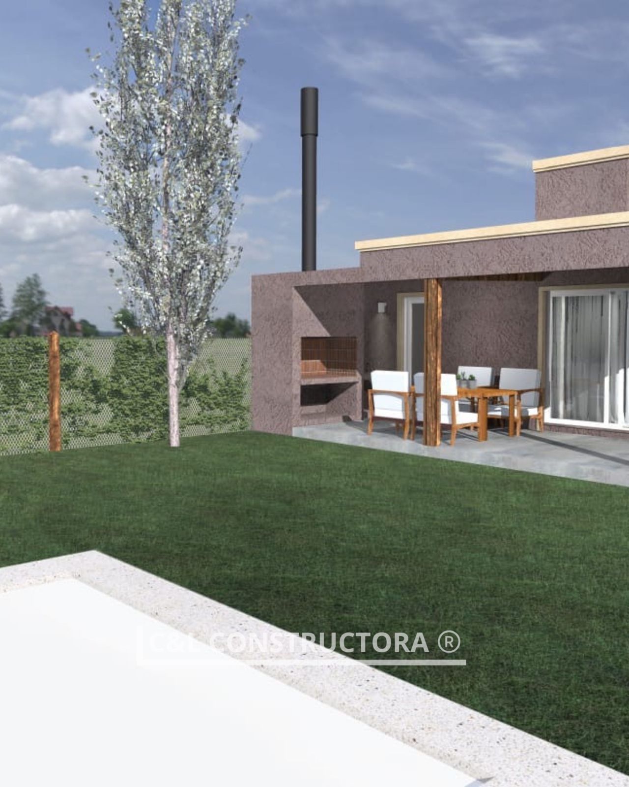 Representación del patio trasero: cocina al aire libre con barbacoa, zona de estar, chimenea 