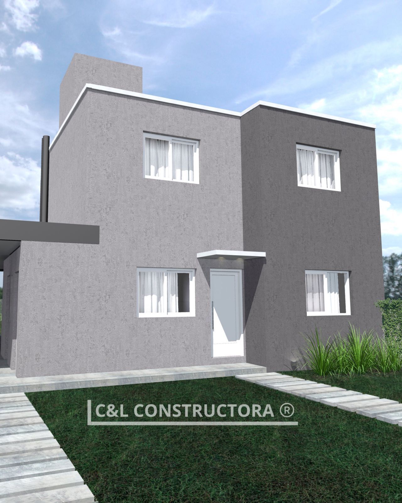 Casa gris de dos pisos con molduras y ventanas blancas, un pequeño porche y una pasarela sobre un césped.