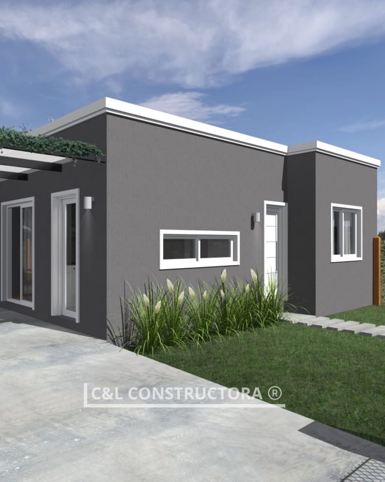 Casa gris de una planta con molduras blancas. Césped verde y cielo azul. Logotipo de 