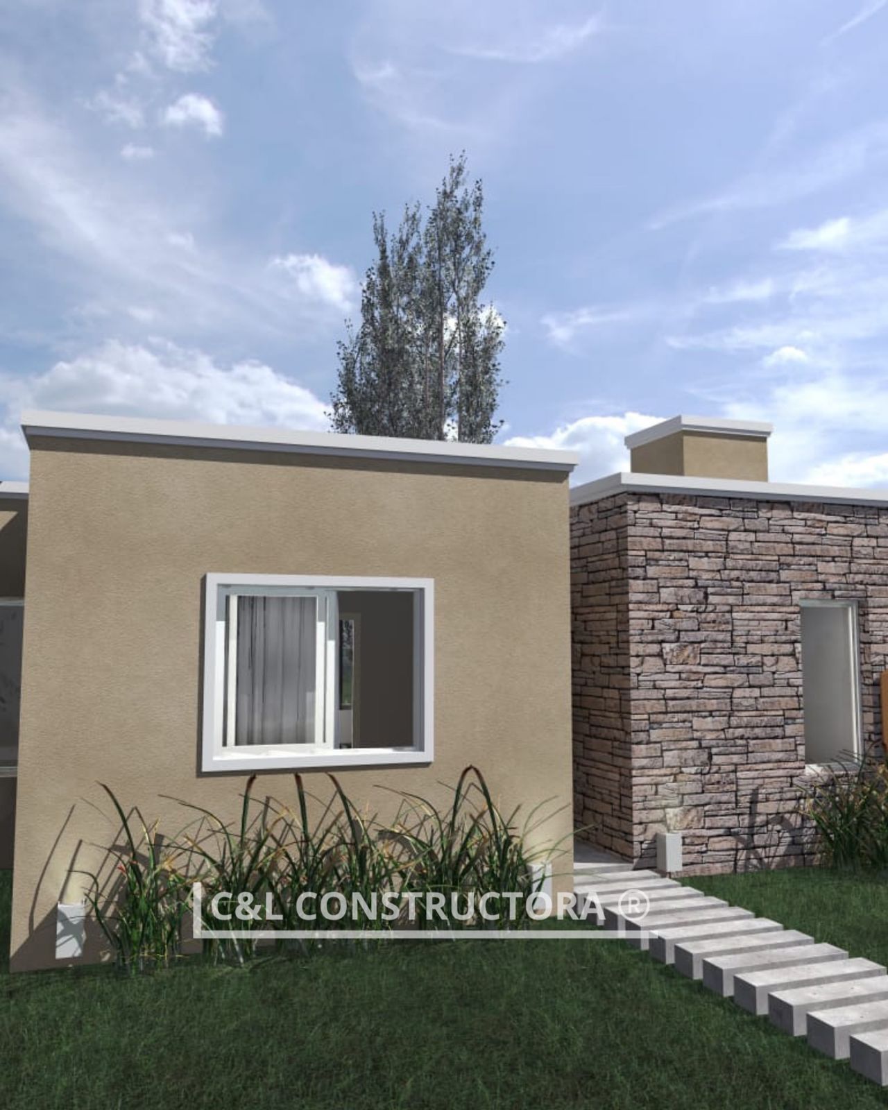 Un exterior de casa moderna con estuco beige, detalles de piedra y un camino en un día soleado.