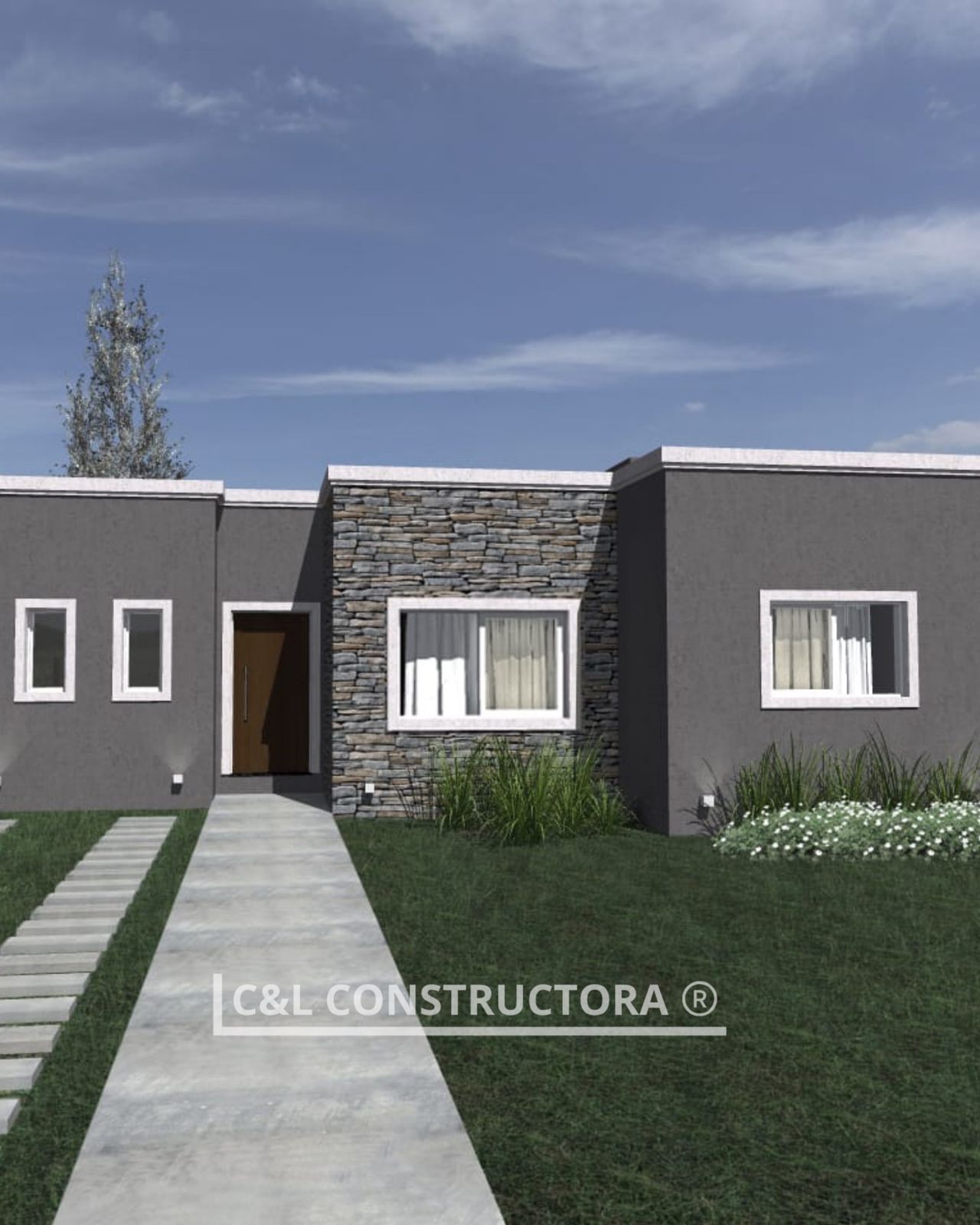 Casa gris moderna con fachada de piedra, césped y pasarela de hormigón.