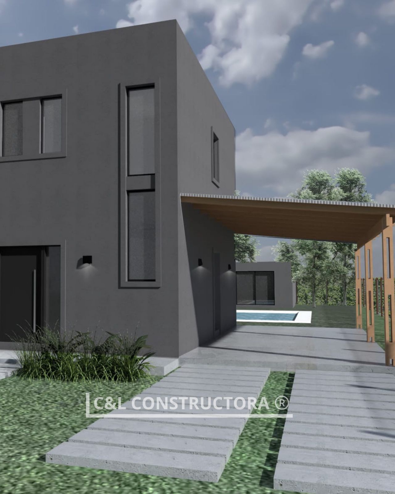 Casa gris moderna con cochera, piscina a lo lejos y patio ajardinado.