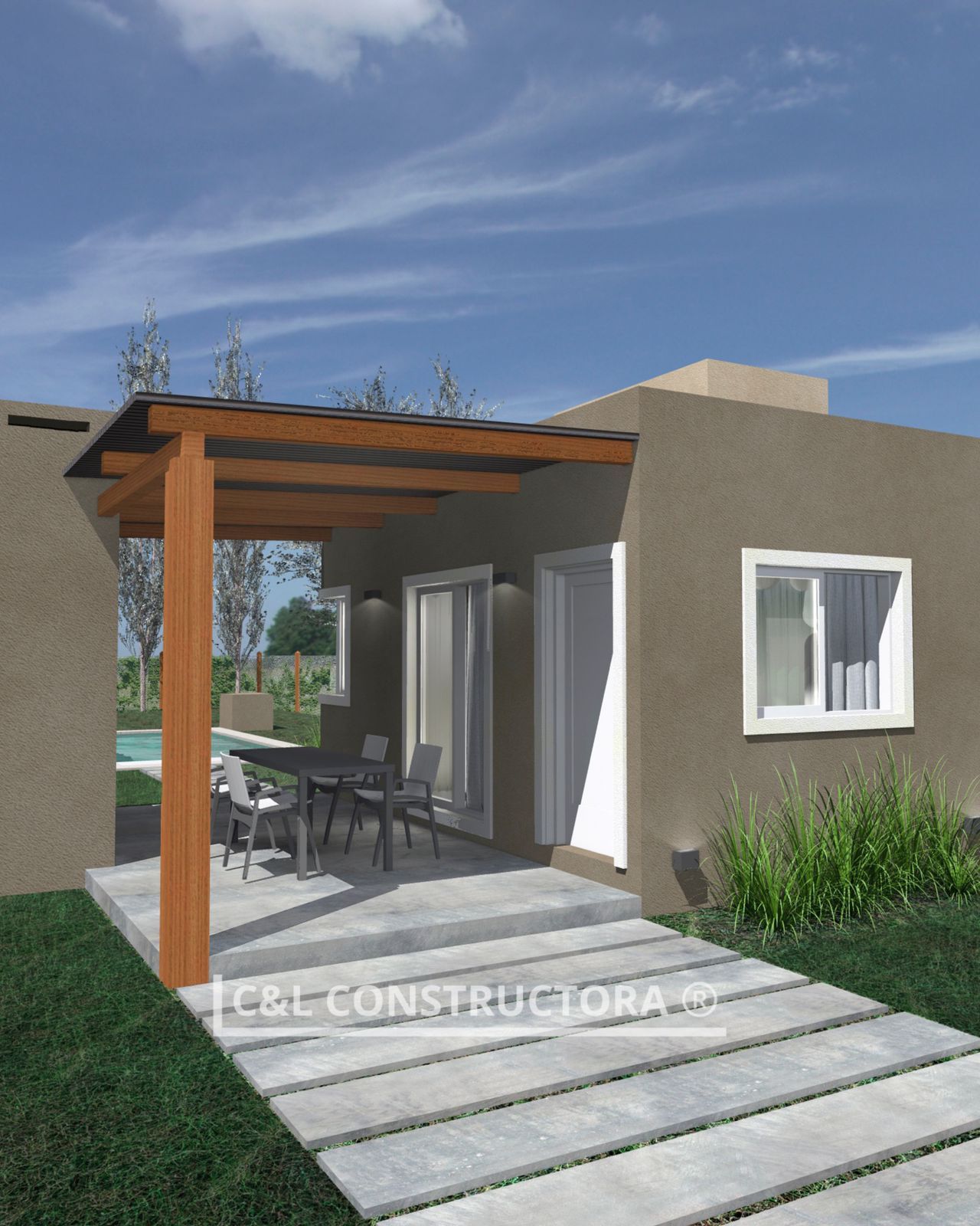 Exterior de una casa moderna de estuco marrón con una pérgola de madera sobre un patio.