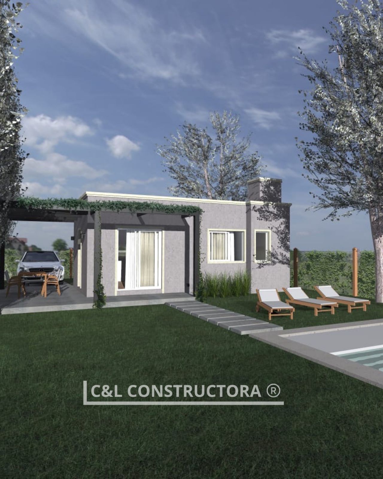 Casa gris moderna con cochera, césped, piscina y tumbonas en un día soleado.