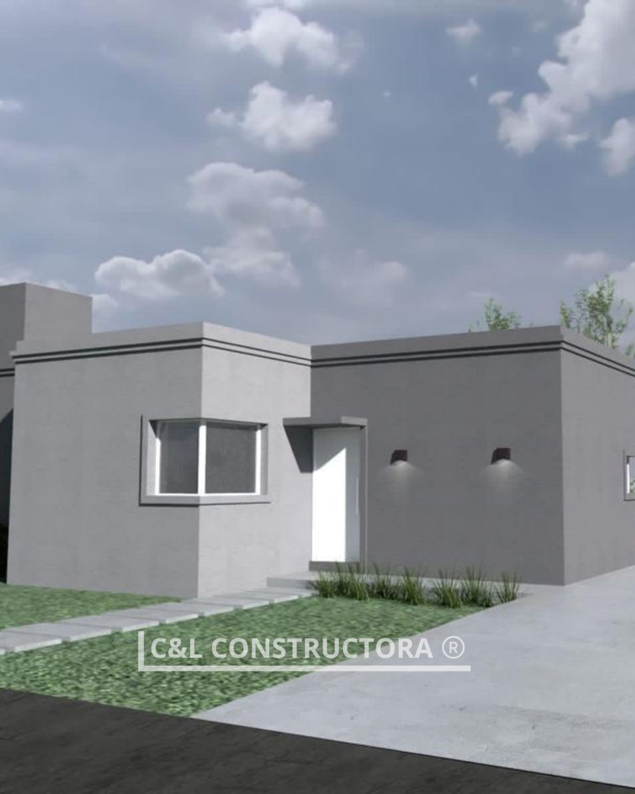 Casa moderna gris con techo plano, puerta blanca y pequeño jardín.