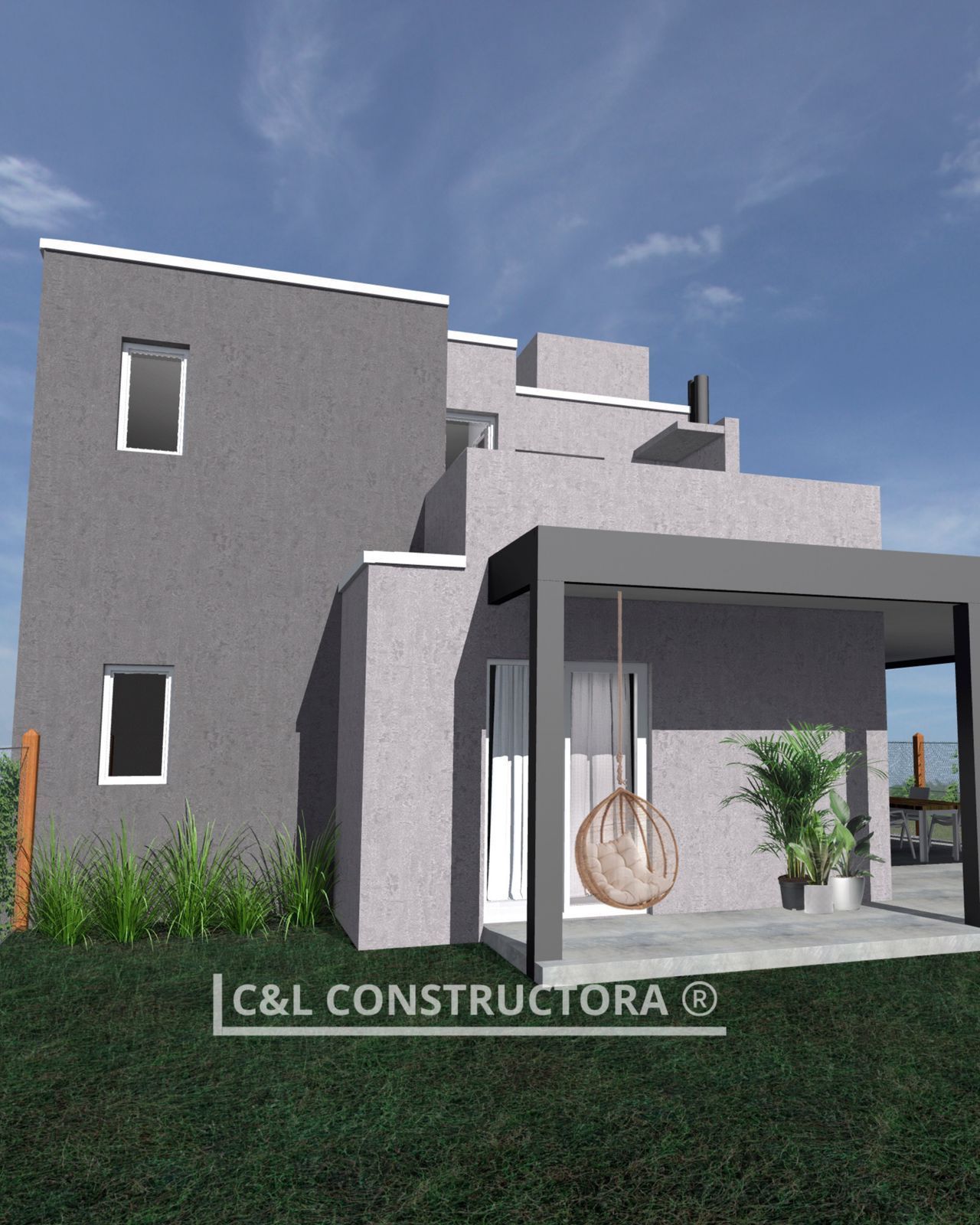 Casa moderna gris con patio, columpio y plantas verdes contra un cielo azul.