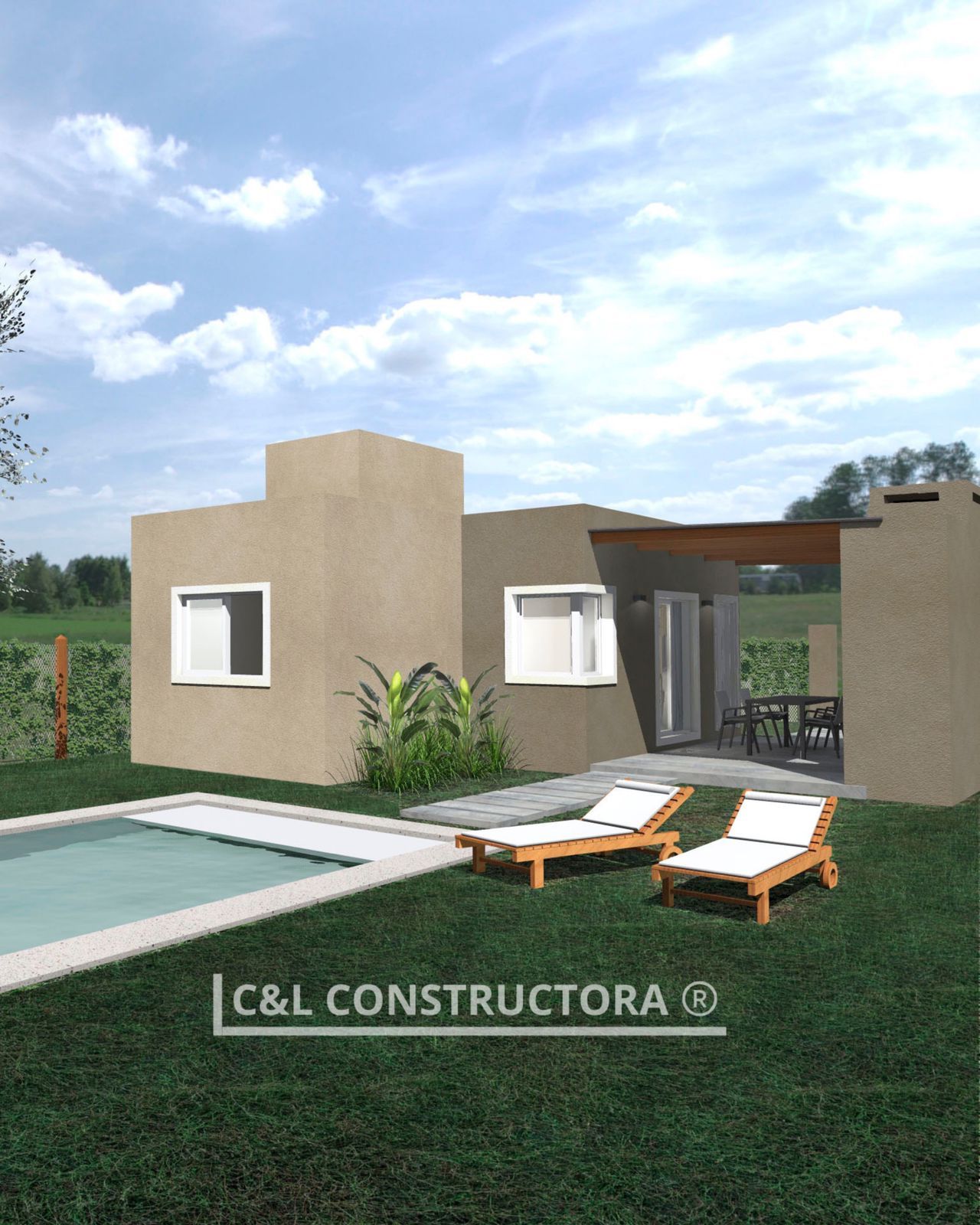 Casa moderna con piscina y tumbonas en césped verde bajo un cielo soleado.