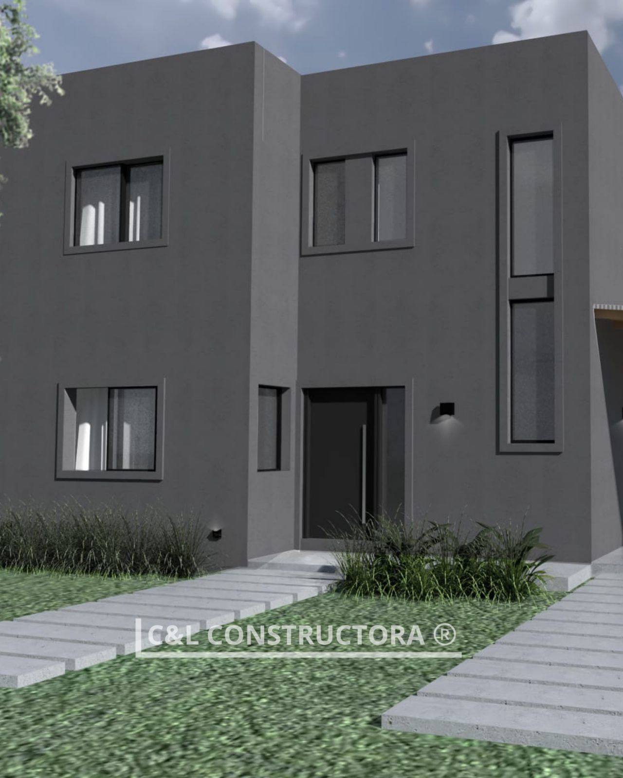 Casa moderna de dos plantas con fachada gris, ventanas y pasarela. Logotipo de C&E Constructora en la parte inferior.