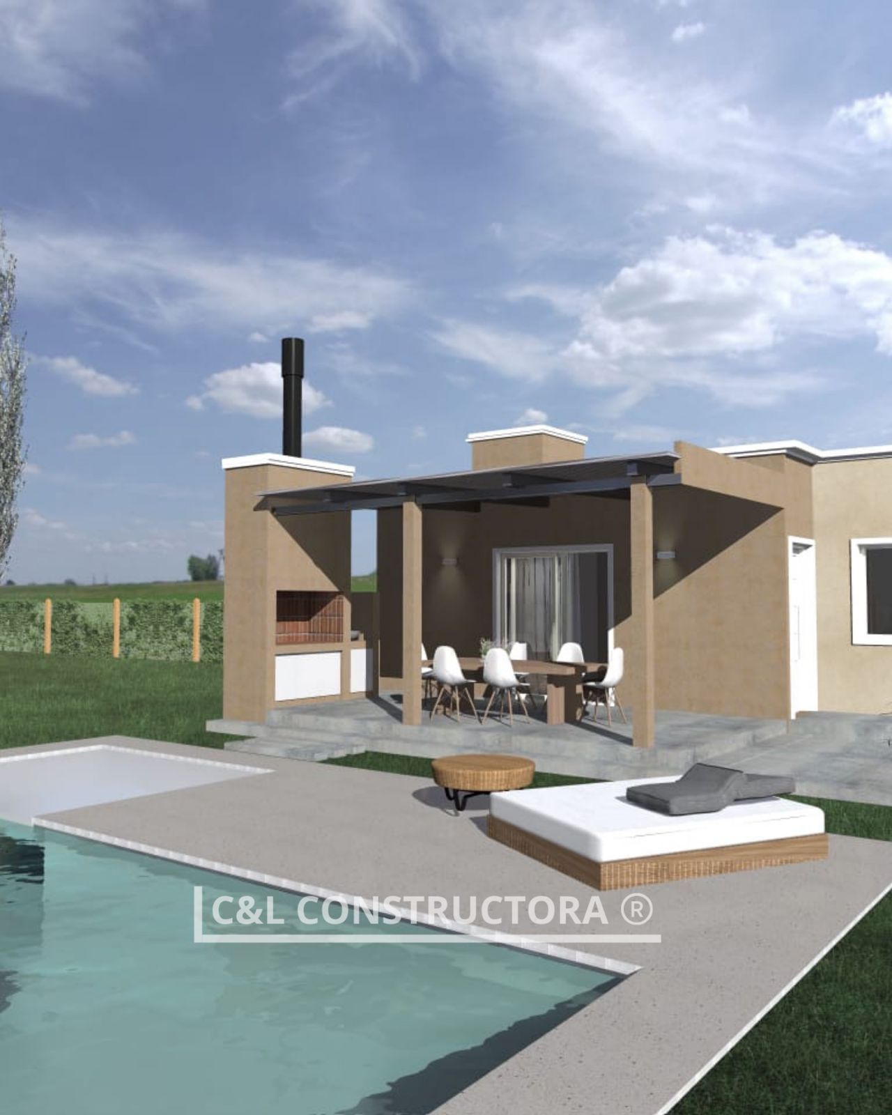 Patio al aire libre con piscina, parrilla, comedor y camastro bajo un cielo soleado.