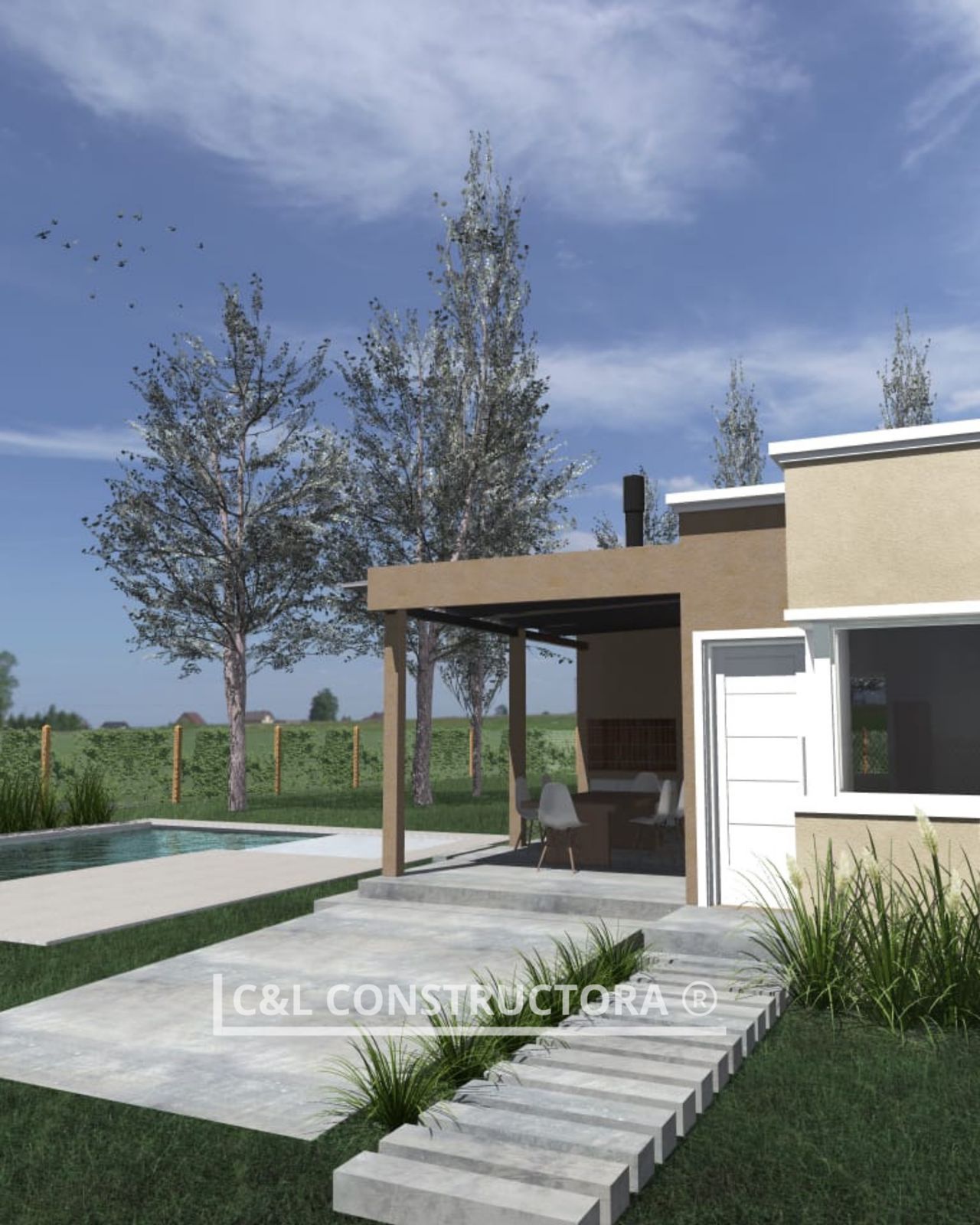 Representación de patio trasero con piscina, patio y parrilla bajo una pérgola.