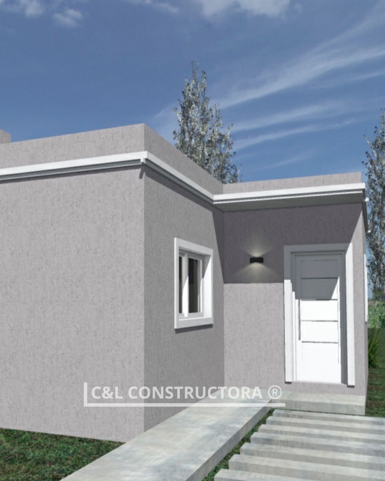 Casa de estuco gris con molduras, puerta y ventana blancas; rampa y escaleras de hormigón conducen a la entrada.