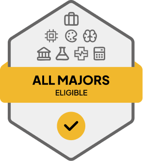 Badge with blue banner: 