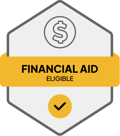 Badge: Financial Aid Eligible, blue banner, building icon, dollar sign.