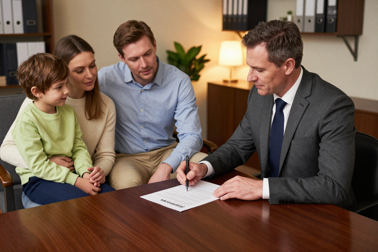 Family meeting with a lawyer over paperwork at a conference table Family meeting with a lawyer over paperwork at a conference table