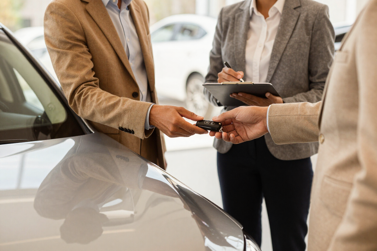 Salespeople and a buyer exchanging car keys beside a white car at a dealership. Salespeople and a buyer exchanging car keys beside a white car at a dealership.