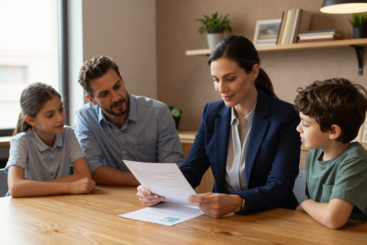 Small family meeting with a woman in a blue blazer reviewing papers at a table with two children and a man Small family meeting with a woman in a blue blazer reviewing papers at a table with two children and a man