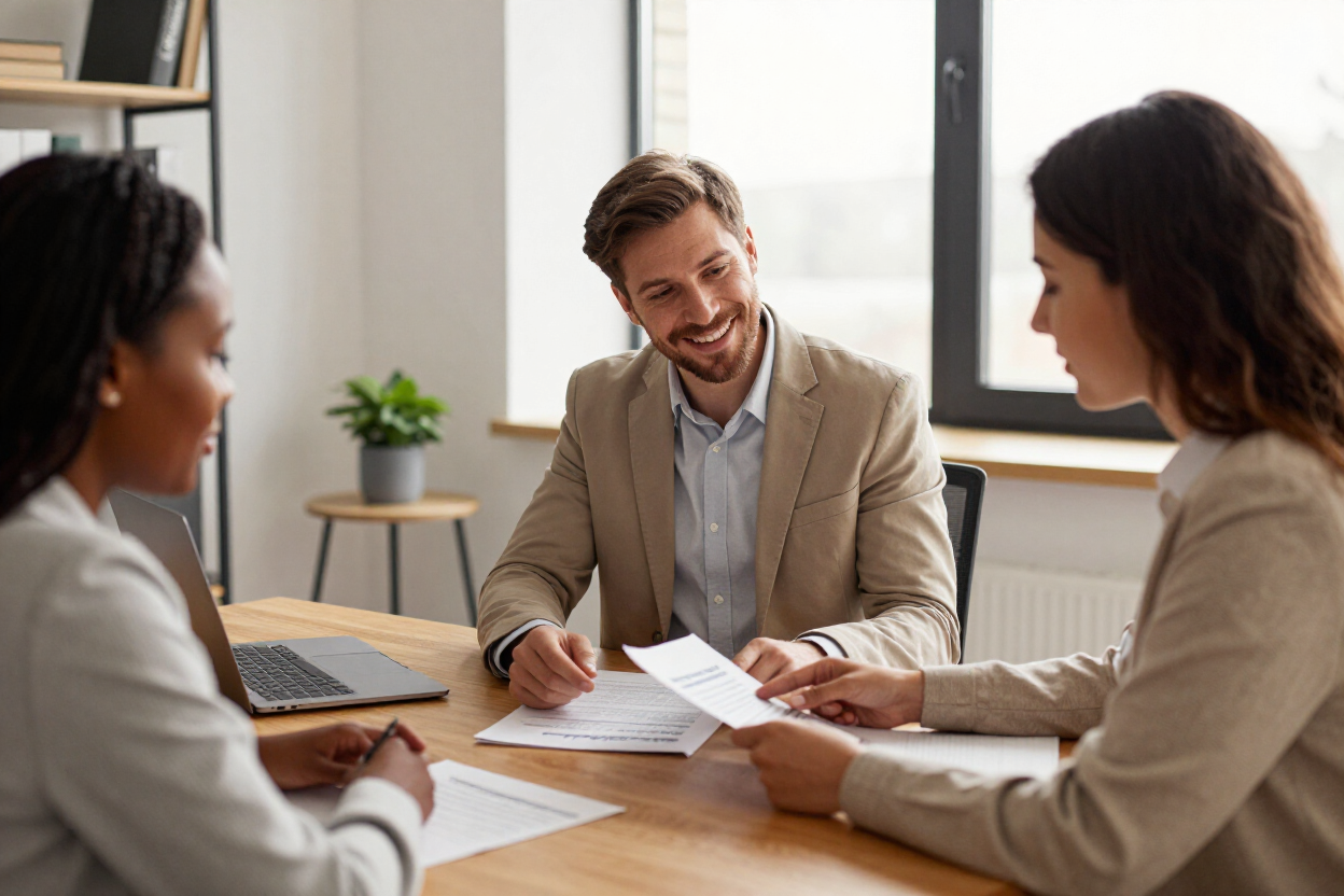 Three coworkers in a meeting reviewing documents at a wooden table in a bright office Three coworkers in a meeting reviewing documents at a wooden table in a bright office