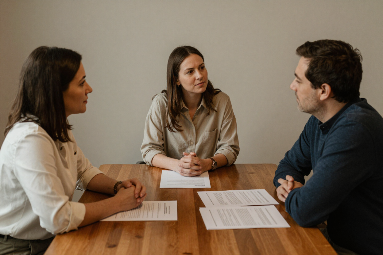 Three people in a meeting around a wooden table, reviewing printed documents and talking. Three people in a meeting around a wooden table, reviewing printed documents and talking.