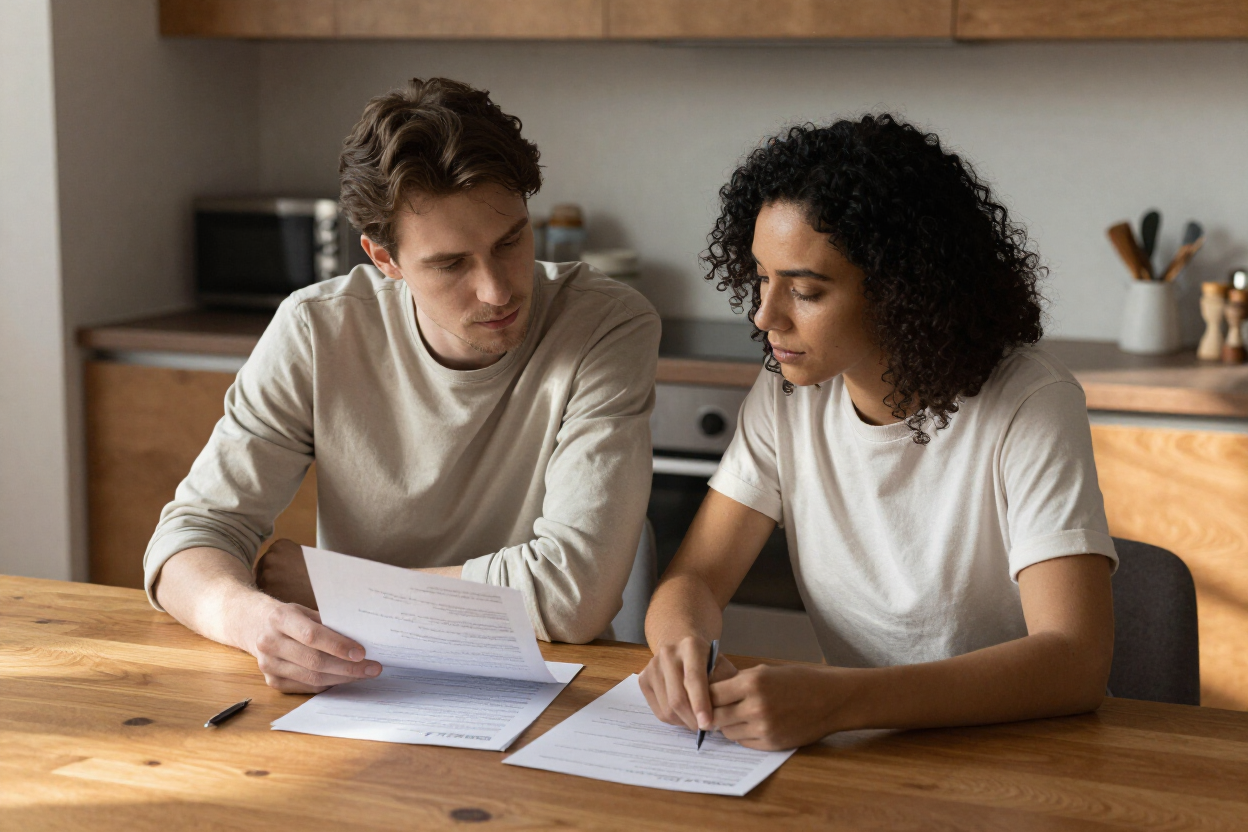 Two people reviewing papers together at a wooden table in a kitchen Two people reviewing papers together at a wooden table in a kitchen