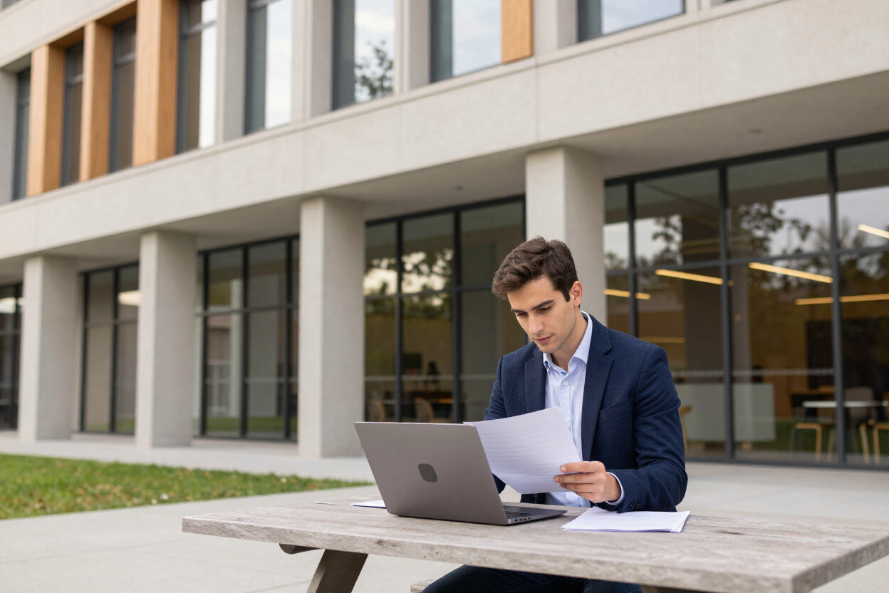 Man in a navy blazer working on a laptop and papers at an outdoor table beside a modern office building