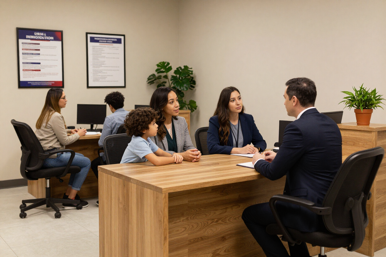 People in a meeting around a wooden table in an office, with laptops, posters, and potted plants.