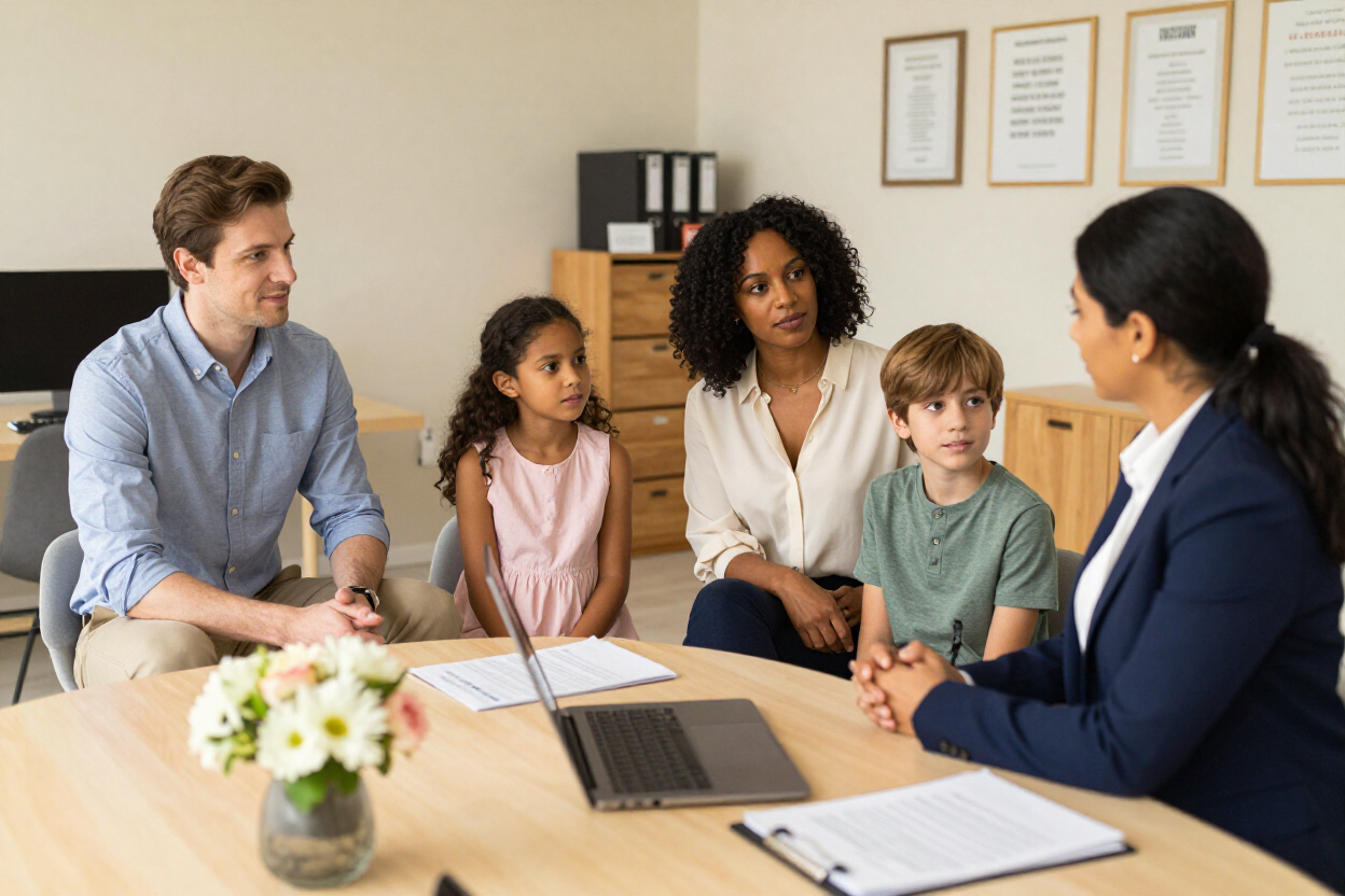 Family meeting with counselor around a table in a bright office, discussing paperwork and a laptop