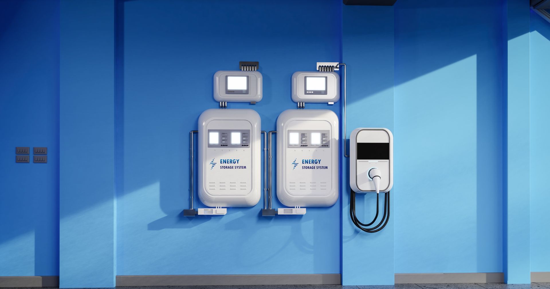 A room with blue walls and white appliances on the wall.