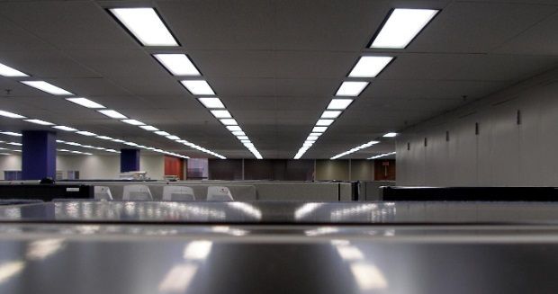 An empty office with a lot of lights on the ceiling