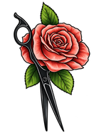 Black scissors with a red rose and green leaves intertwined