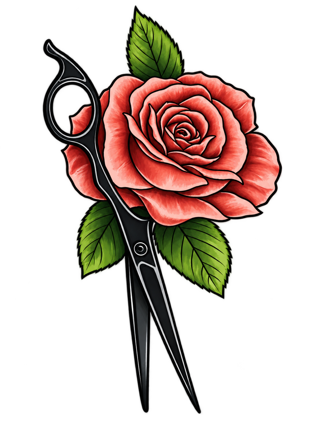 Black scissors with a red rose and green leaves intertwined