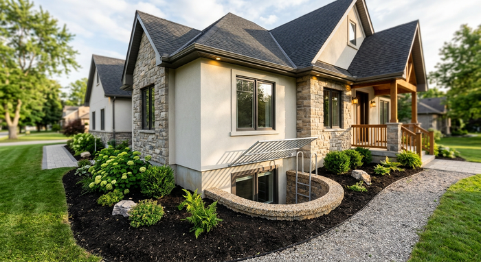 A home near Bozeman, Montana with an example of an egress window well installed to meet building code requirements.
