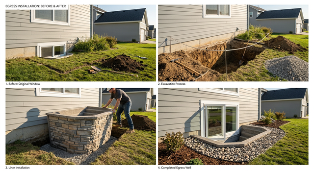 Before and after of egress windows being installed in the basement of a home near the gallatin valley in montana.
