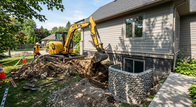 heavy machinery digging out dirt for a new egress window well installation for a basement to meet building code.
