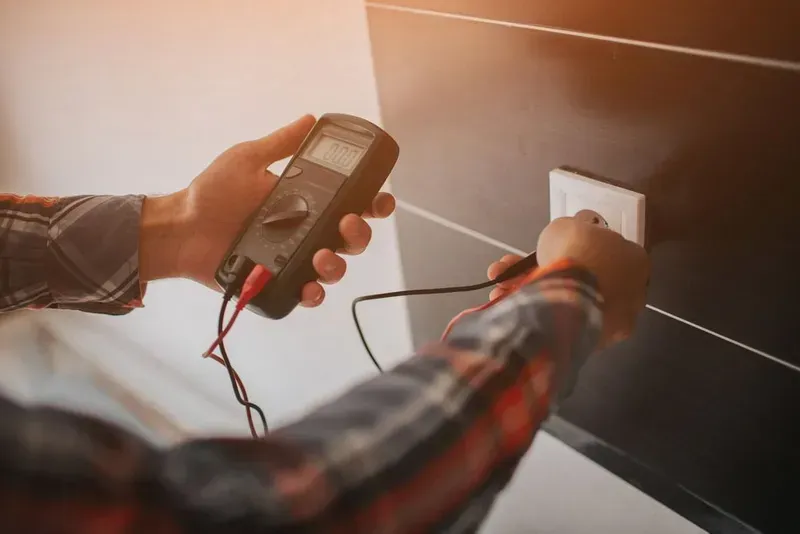 A Person Using a Digital Multimeter to Test the Voltage of an Electrical Wall Outlet — CH Electrics in Yeppoon, QLD