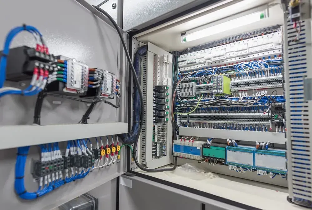 Open Electrical Control Cabinet With Neatly Organized Wiring — CH Electrics in Emerald, QLD