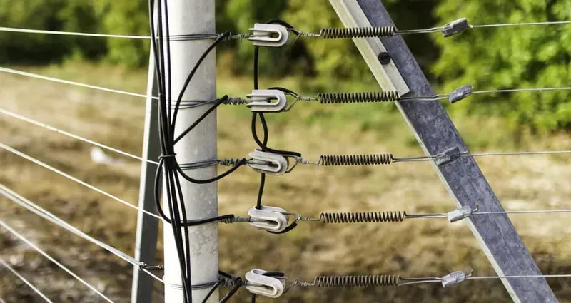 Electric Fence Wiring Attached to a Post With Tension Springs — CH Electrics in Emerald, QLD