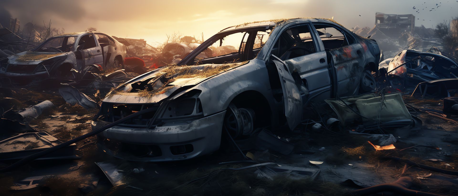 Burned-out silver sedan in a smoky post-crash wreckage at sunset