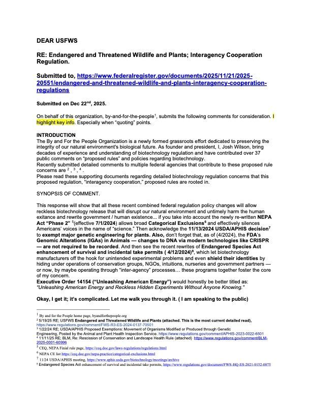 A formal letter regarding federal regulations for endangered species, including references to biotechnology and policy.
